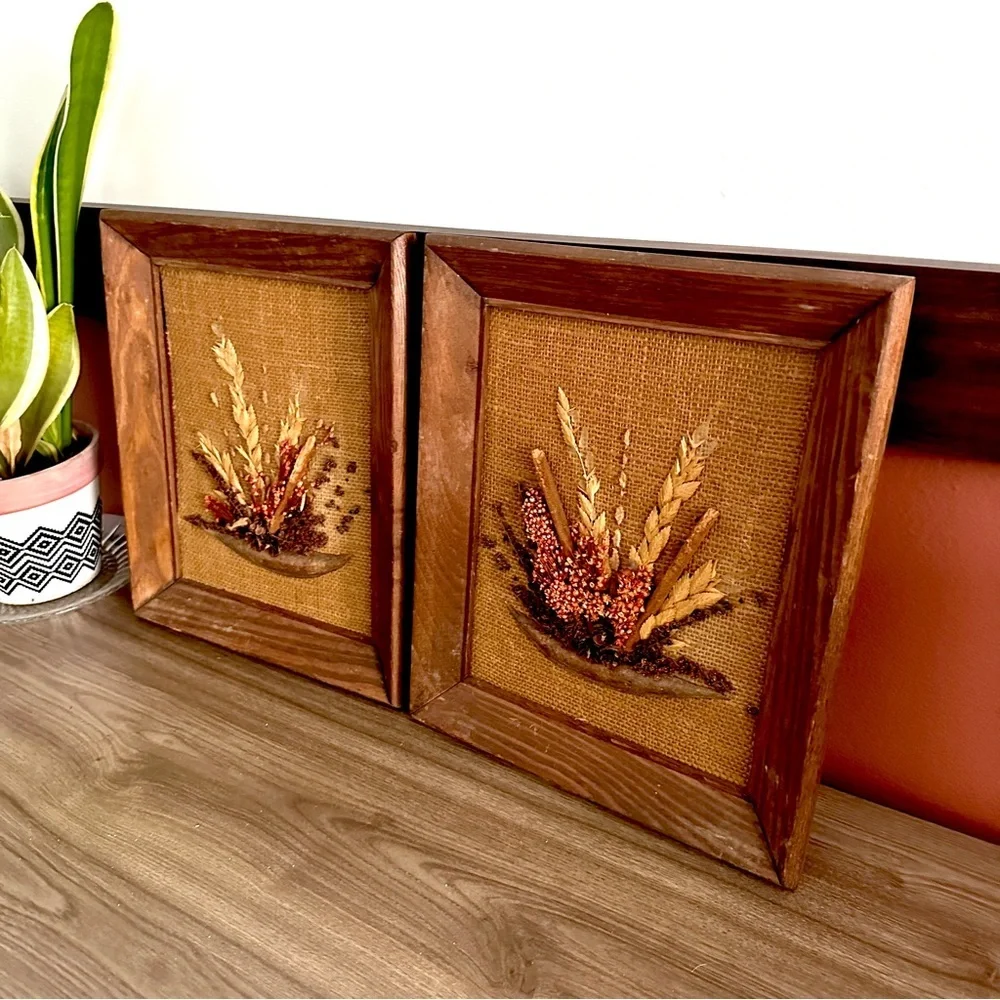 MCM Framed Natural Dried Florals On Burlap By Mallard Frame Wall Hangings Pair